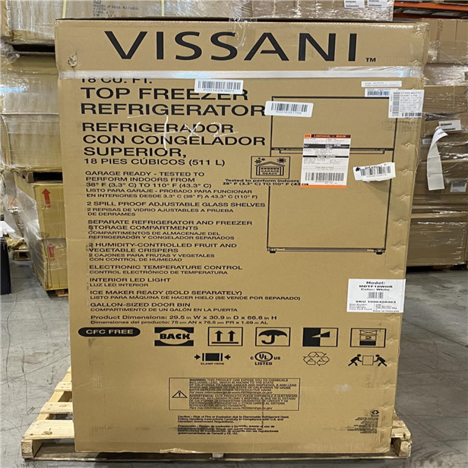 NEW! Vissani 18 cu. ft. Top Freezer Refrigerator DOE in White