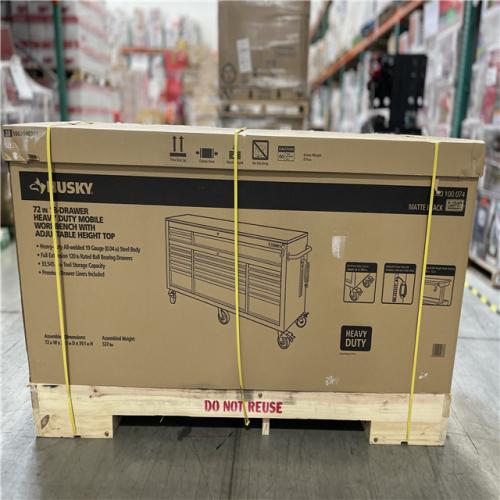 DALLAS LOCATION - Husky 72 in. W x 24 in. D Heavy Duty 18-Drawer Mobile Workbench Cabinet with Adjustable-Height Hardwood Top in Matte Black