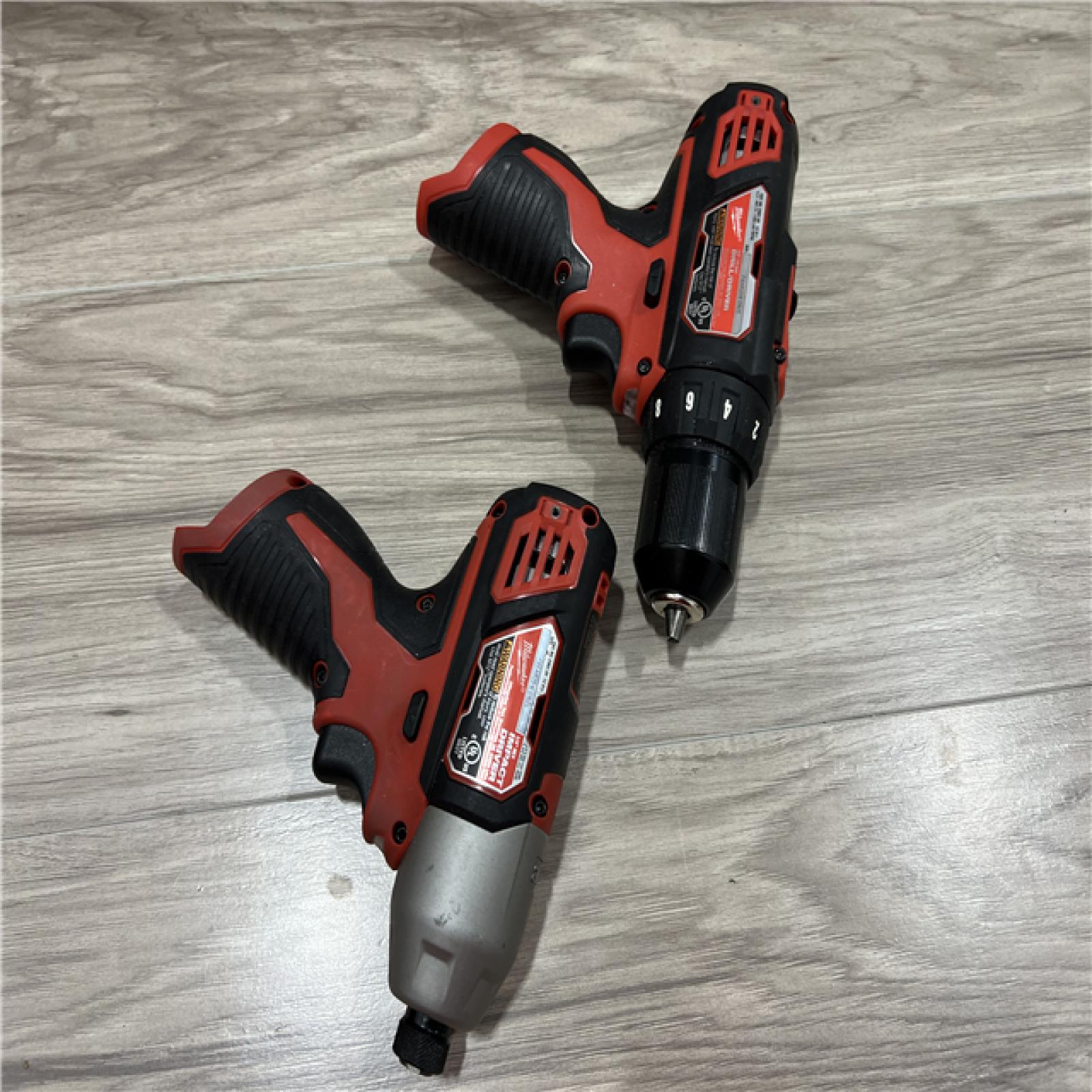 AS-IS Milwaukee 2494-22 M12 Cordless Combination 3/8 Drill / Driver and 1/4 Hex Impact Driver Dual Power Tool Kit (2 Lithium Ion Batteries  Charger  and B