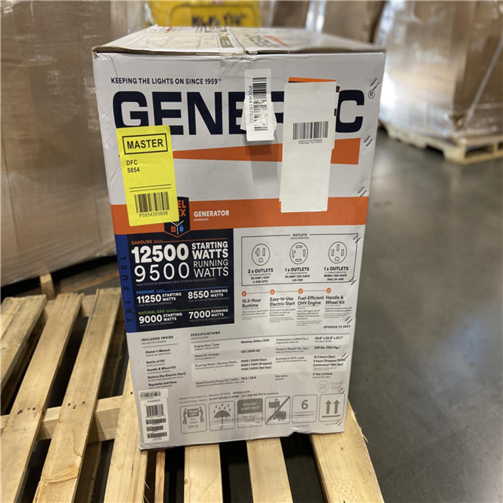 DALLAS LOCATION - Generac 12500/9500-Watt Tri-Fuel Portable Generator, Easy-To-Use Electric Start, Wheel and Handle Kit Included