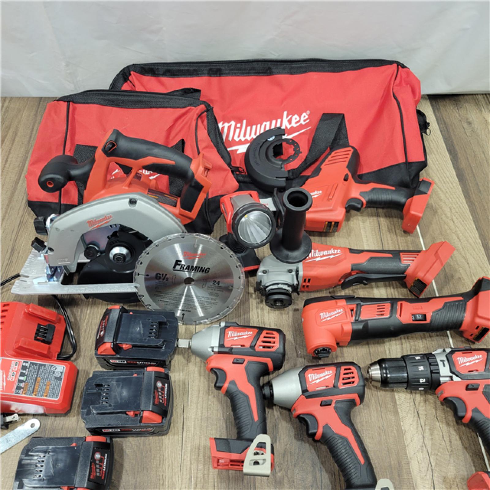 AS-IS Milwaukee M18 18V Lithium-Ion Cordless Combo Kit (8-Tool) with (3) Batteries, Charger and (2) Tool Bags