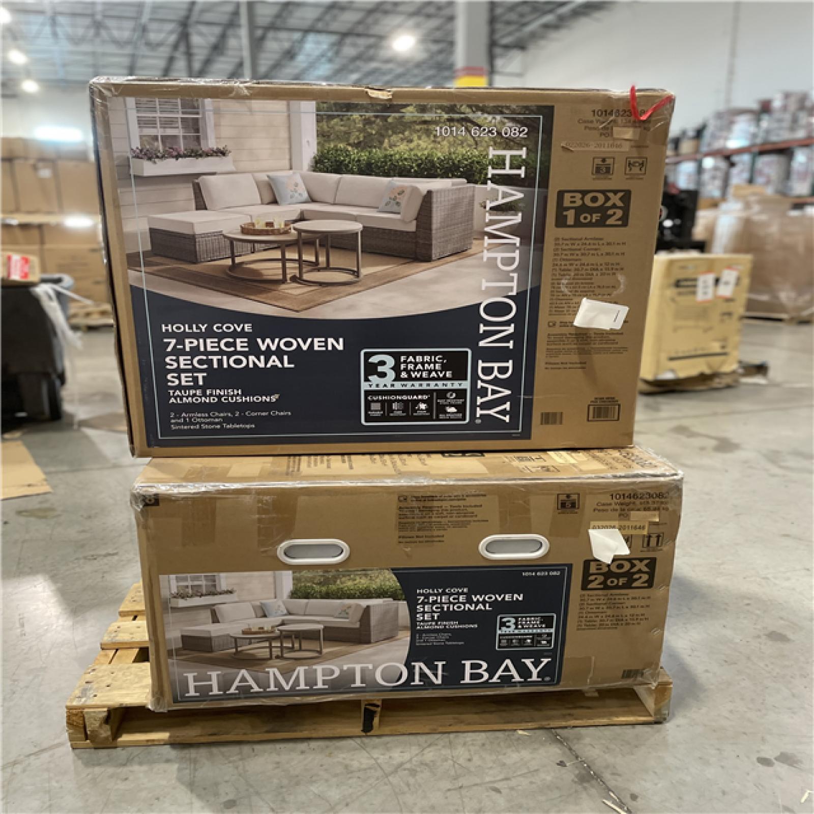 DALLAS LOCATION - Hampton Bay Holly Cove 7-Piece Wicker Outdoor Sectional Set with CushionGuard Almond Cushions