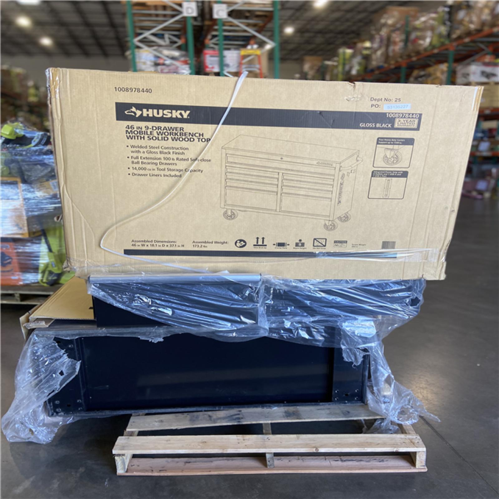 DALLAS LOCATION - Husky Tool Storage 46 in. W x 18 in. D 9-Drawer Mobile Workbench Cabinet in Gloss Black - 2 UNITS