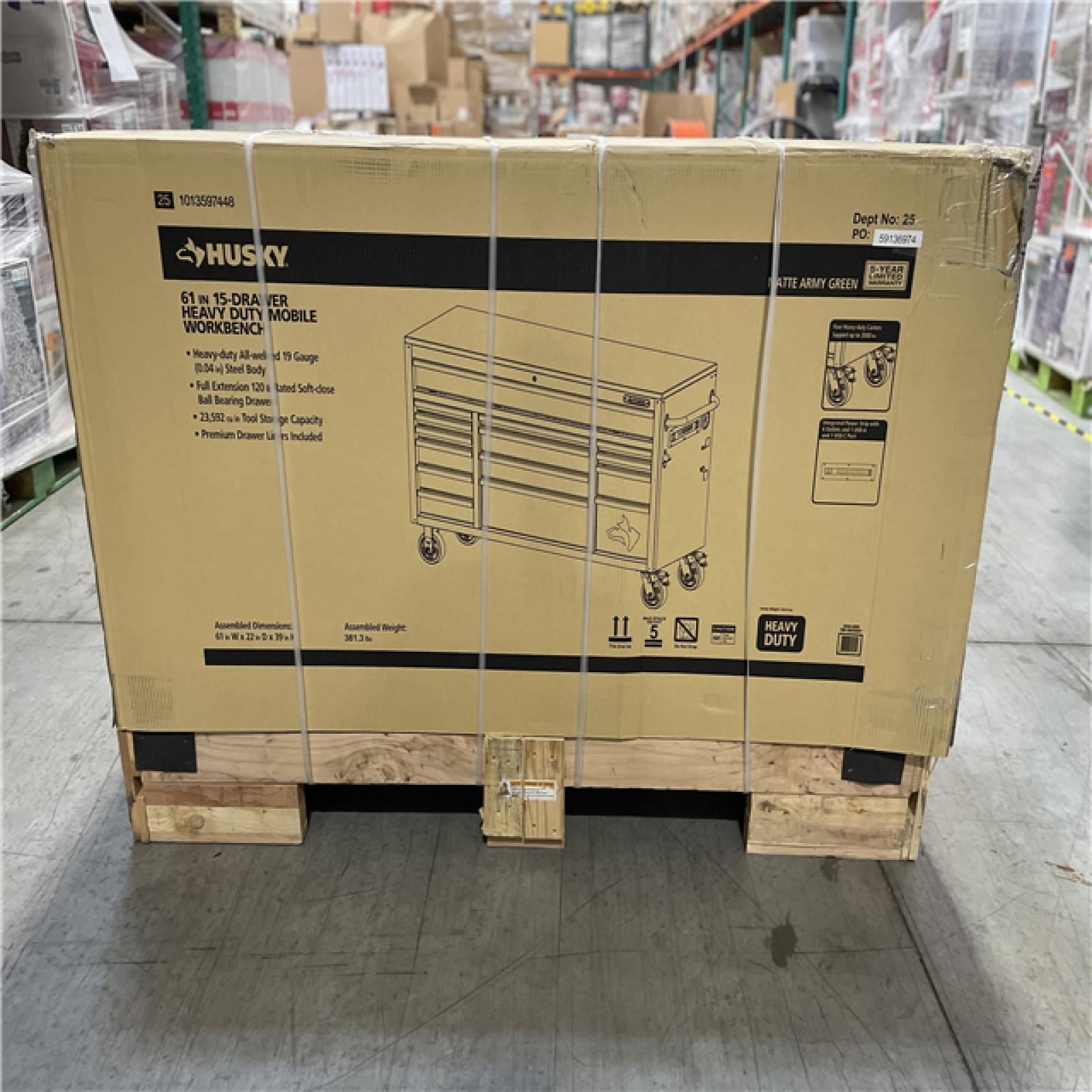 DALLAS LOCATION - AS-IS HUSKY Heavy Duty 61 in. W x 23 in. D 15-Drawer Matte Army Green Mobile Workbench Cabinet with Solid Wood Top