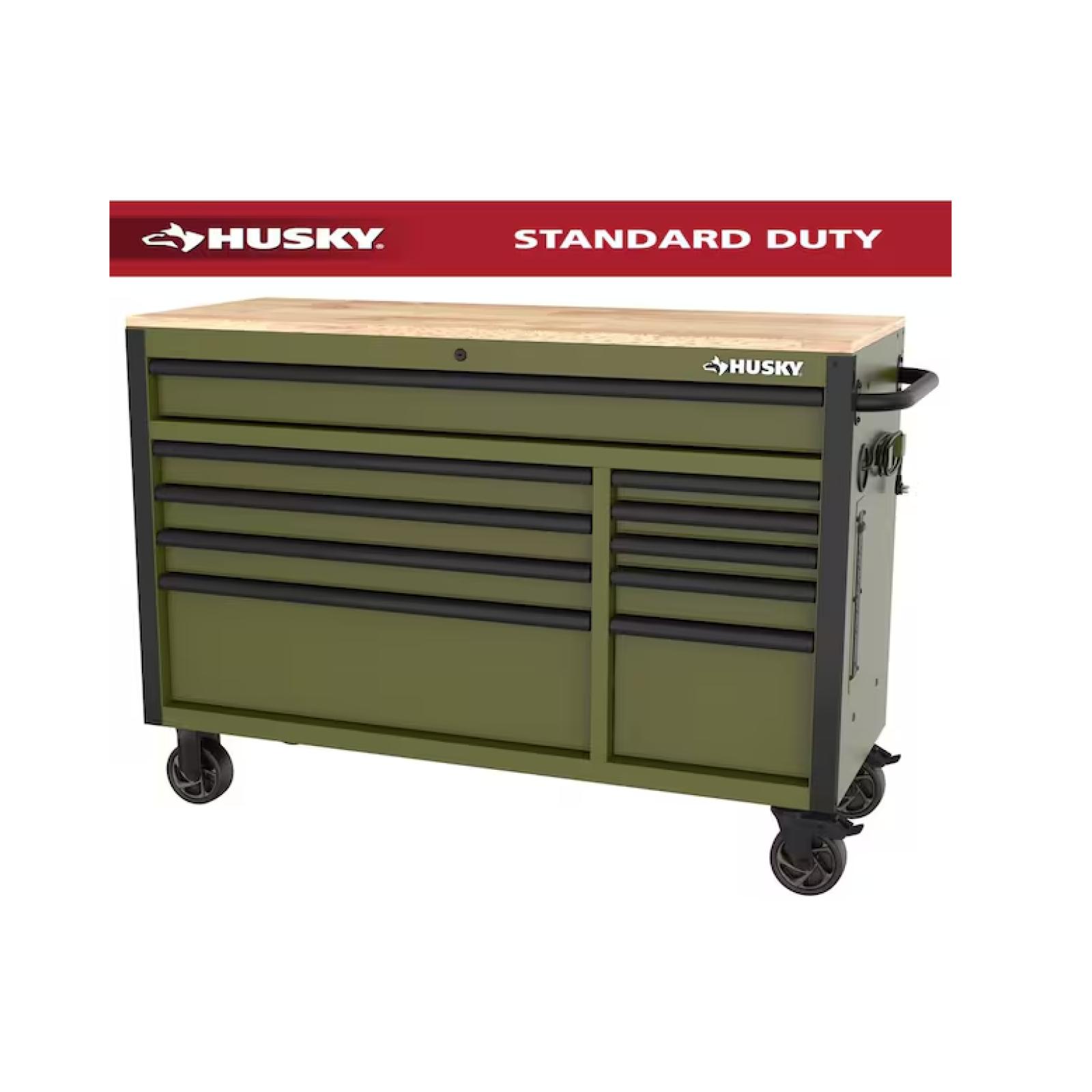 DALLAS LOCATION - Husky Standard-Duty 52 in. W 10-Drawer Matte Army Green Mobile Workbench Cabinet with Solid Wood Top