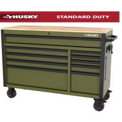 DALLAS LOCATION - Husky Standard-Duty 52 in. W 10-Drawer Matte Army Green Mobile Workbench Cabinet with Solid Wood Top