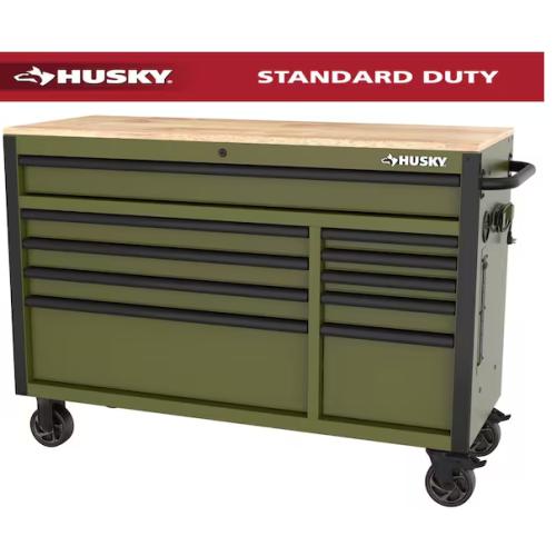 DALLAS LOCATION - Husky Standard-Duty 52 in. W 10-Drawer Matte Army Green Mobile Workbench Cabinet with Solid Wood Top