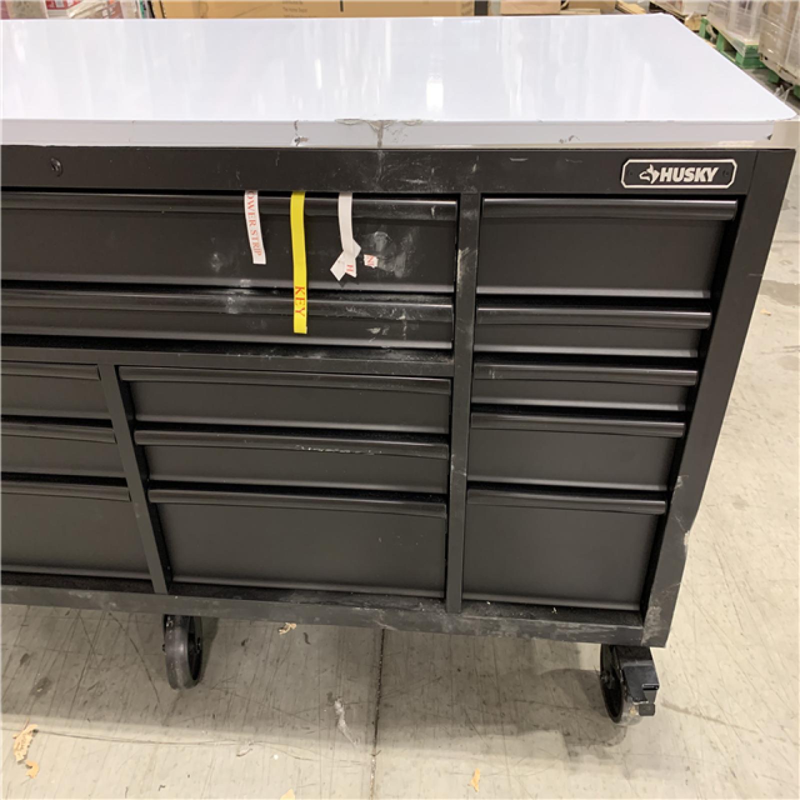 DALLAS LOCATION - AS-IS HUSKY 84 in. W x 24 in. D 18-Drawer Heavy-Duty Mobile Workbench with Stainless Steel Top in Matte Black