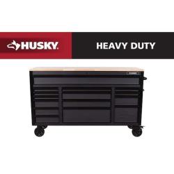 Phoenix LIKE NEW Husky Heavy Duty 61 in. W x 22 in. D 15-Drawer Matte Black Mobile Workbench Cabinet with Solid Wood Top