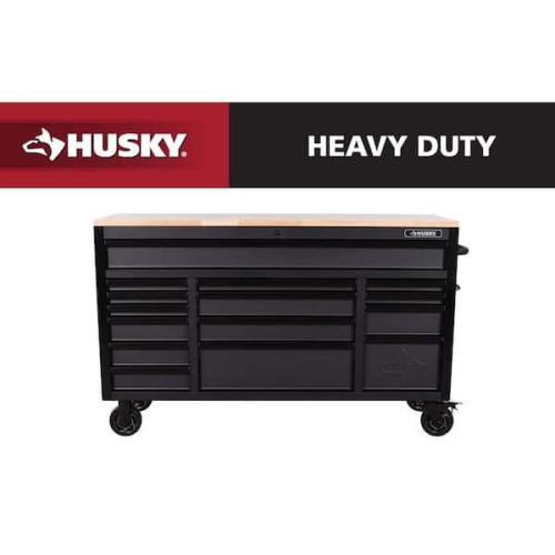 Phoenix LIKE NEW Husky Heavy Duty 61 in. W x 22 in. D 15-Drawer Matte Black Mobile Workbench Cabinet with Solid Wood Top