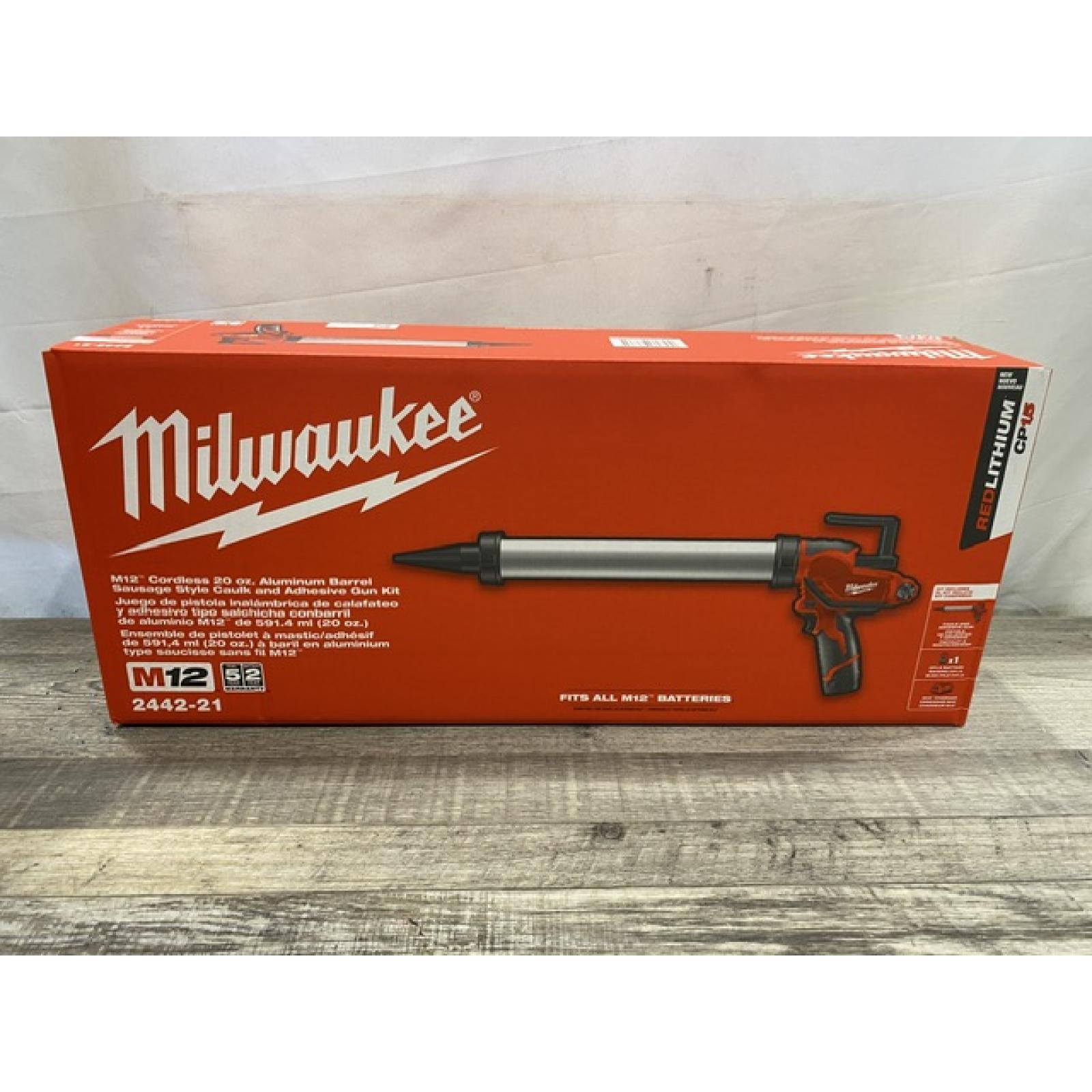 NEW - Milwaukee 12V Lithium-ion Cordless 20 oz. Aluminum Barrel Adhesive and Caulk Gun Kit