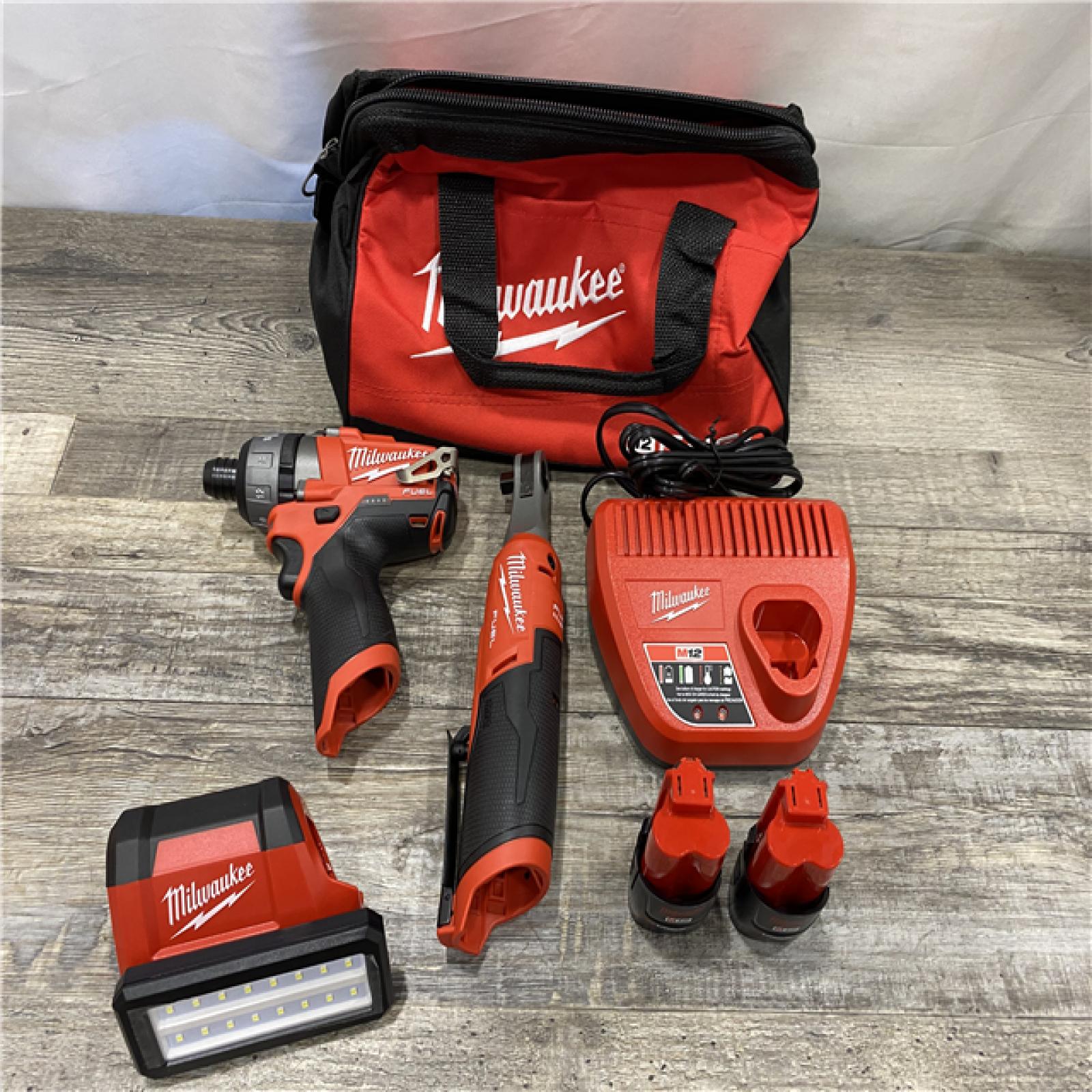 AS-IS Milwaukee 12V Lithium-Ion Cordless Screwdriver  3/8 in. High Speed Ratchet  Light Combo Kit