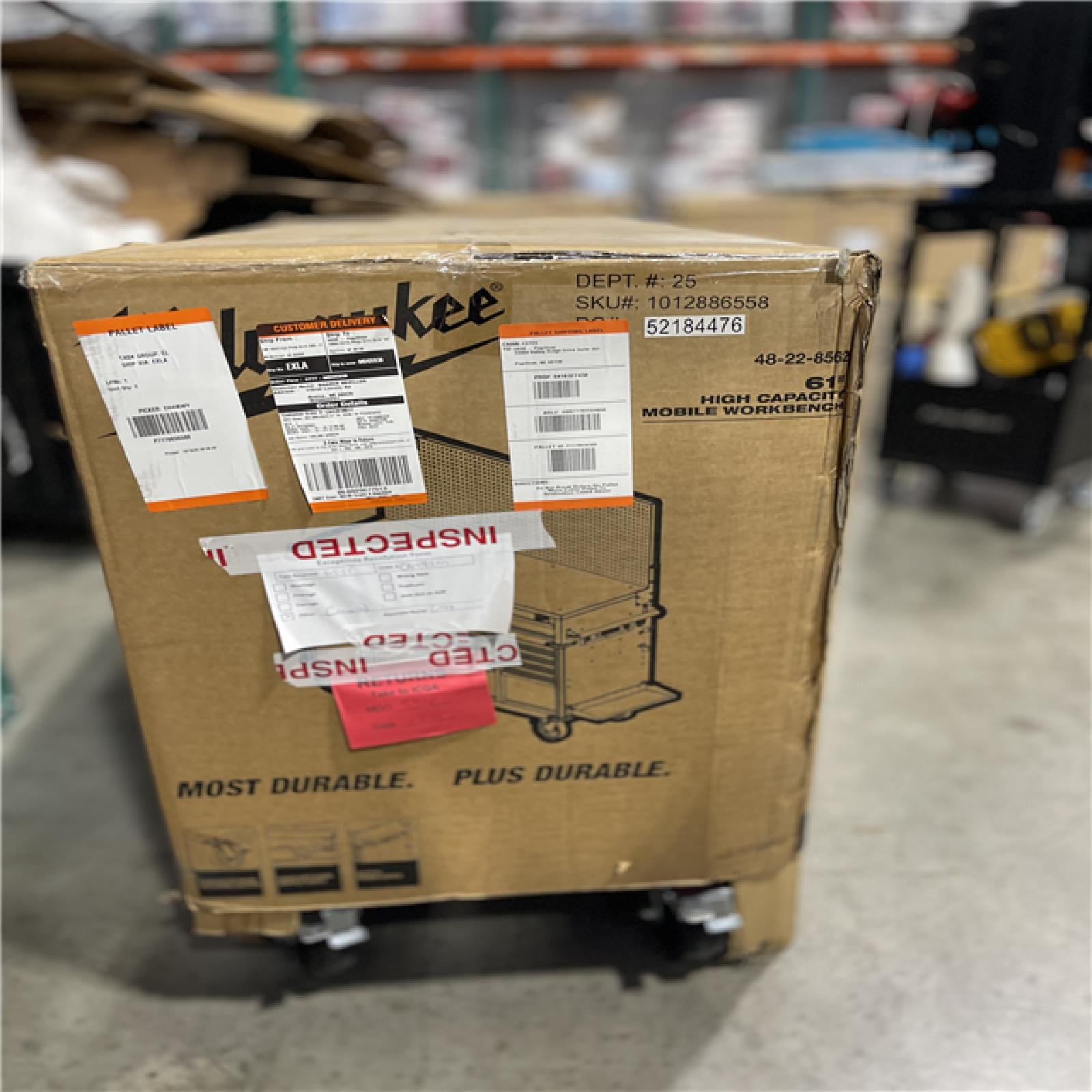 DALLAS LOCATION- Milwaukee High-Capacity 61 in. W x 22 in. D 11-Drawer Mobile Workbench Cabinet with Solid Wood Top and Pegboard