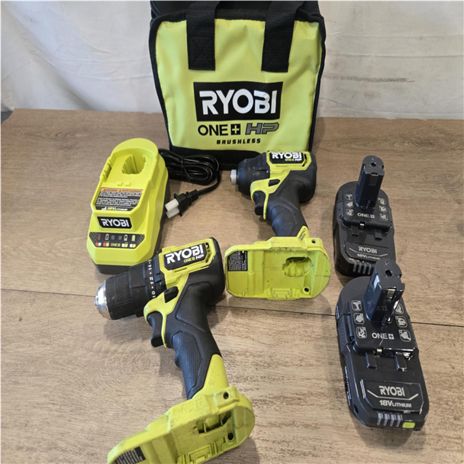 AS-IS ONE+ HP 18V Brushless Cordless Compact 1/2 in. Drill and Impact Driver Kit with (2) 1.5 Ah Batteries  Charger  and Bag