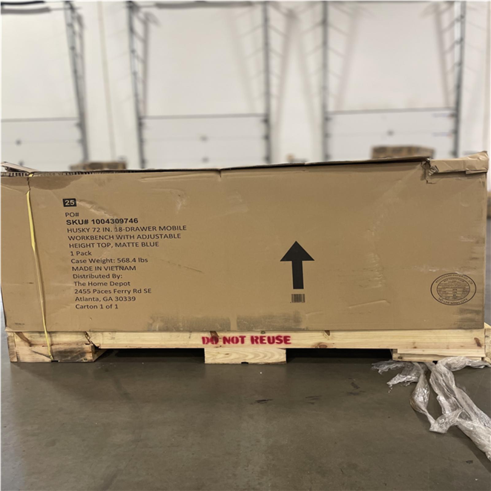 DALLAS LOCATION- AS-IS Husky 72 in. W x 24 in. D Heavy Duty 18-Drawer Adjustable Height Mobile Workbench Matte Blue/WoodTop