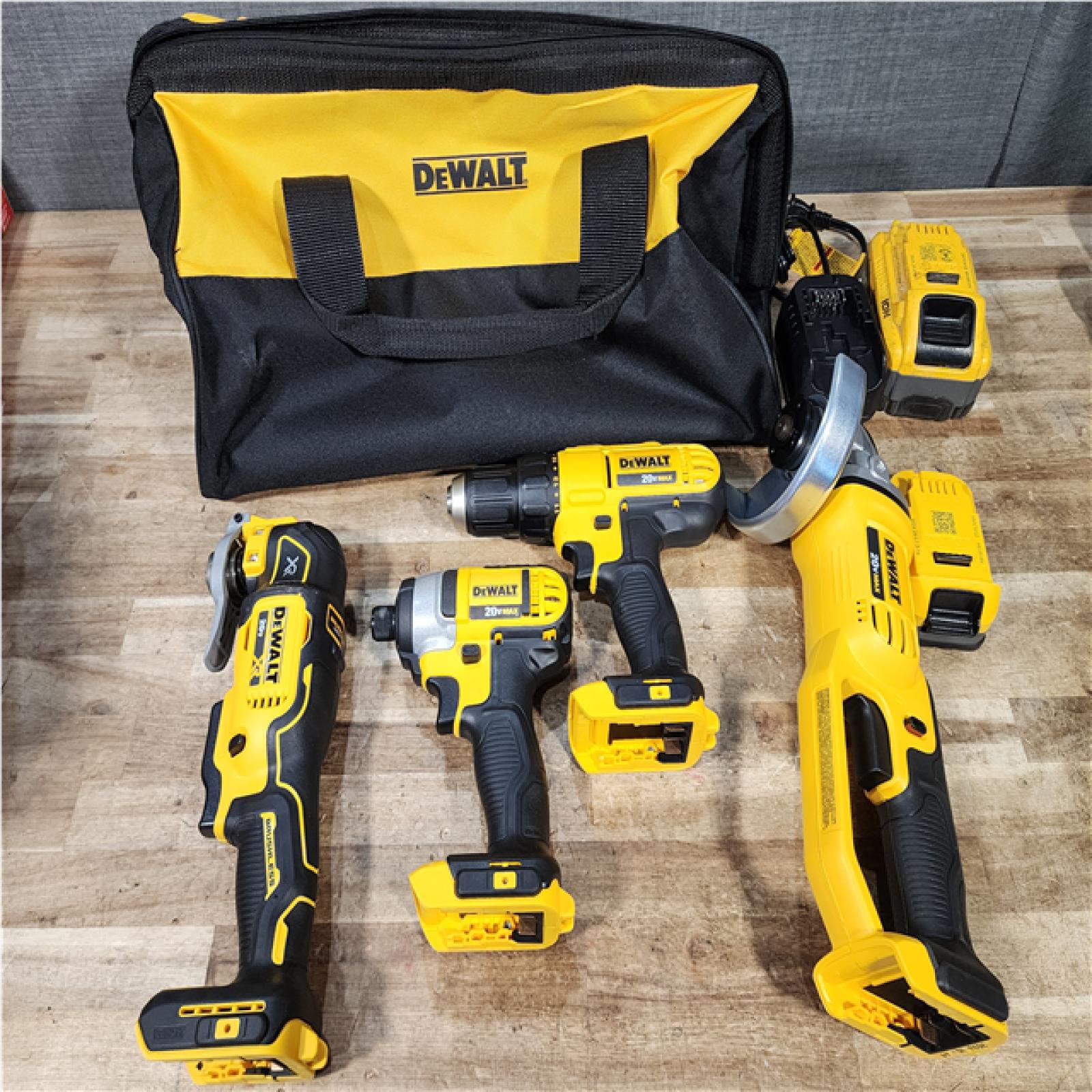 Houston Location AS-IS DEWALT Drills QTY/2 and Oscillating Multi Tool and Angle Grinder and Batteries QTY/2 with Charger