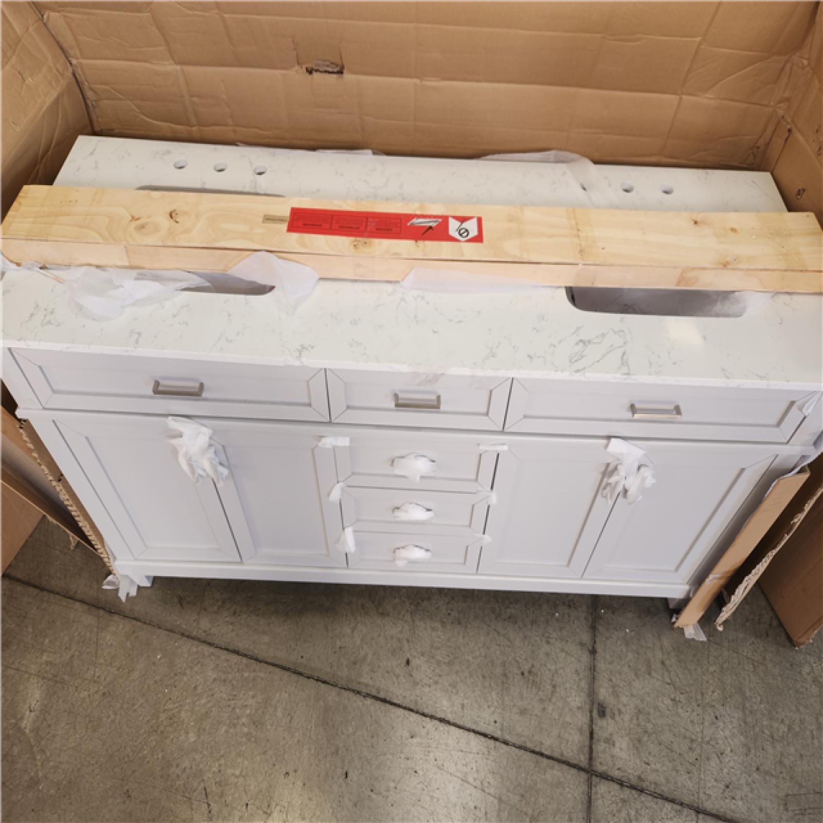 Phoenix AS-IS Home Decorators Collection Talmore 72 in. Double Sink Sky Grey Bath Vanity with White Engineered Carrara Marble Top (Assembled) (Cracked Top)