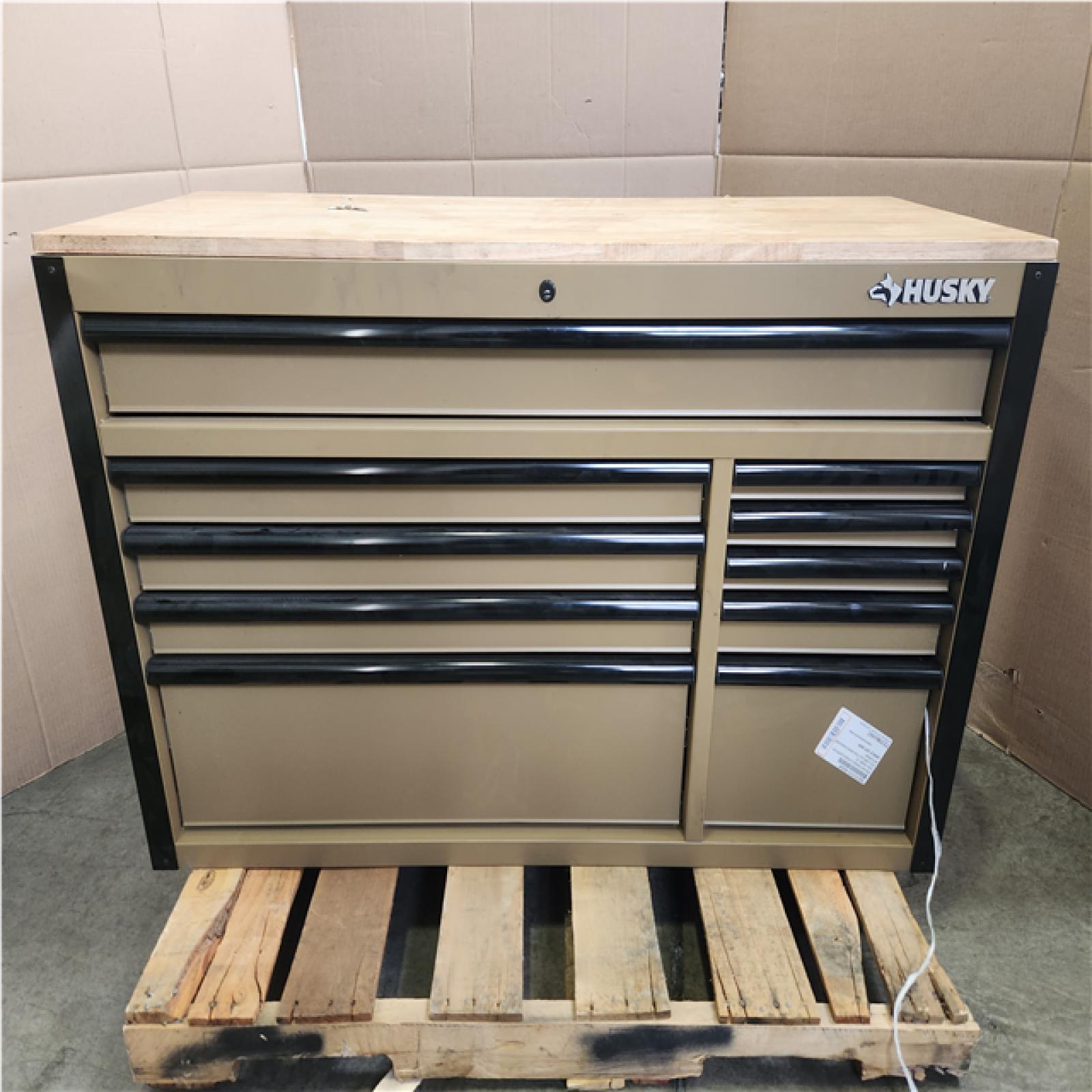 Phoenix LIKE NEW Husky Standard-Duty 52 in. W 10-Drawer Matte Tan Mobile Workbench Cabinet with Solid Wood Top