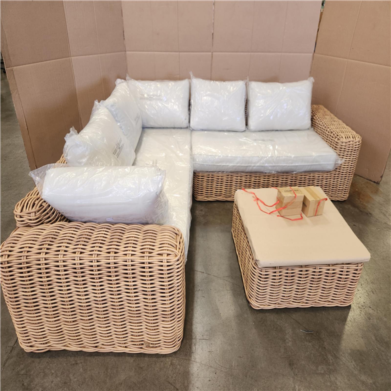 Phoenix LIKE NEW Poly and Bark Puglia 100 in. Rounded Arm 2-piece Fabric Corner Sectional Sofa in. Sand with Coffee Table