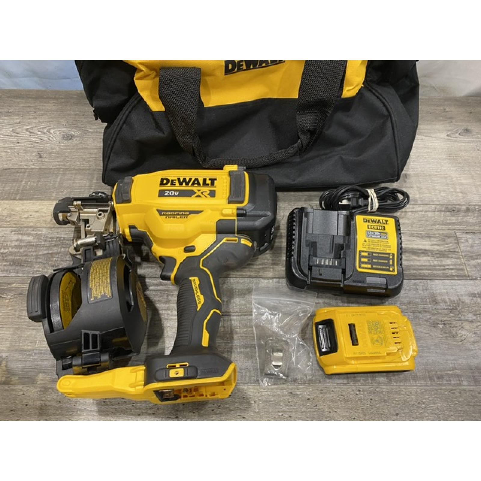 AS-IS DEWALT 20V MAX Lithium-Ion 15-Degree Electric Cordless Roofing Nailer Kit