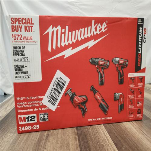 NEW! MILWAUKEE M12 12V Lithium-Ion Cordless Combo Kit (5-Tool) with Two 1.5Ah Batteries, Charger & Tool Bag
