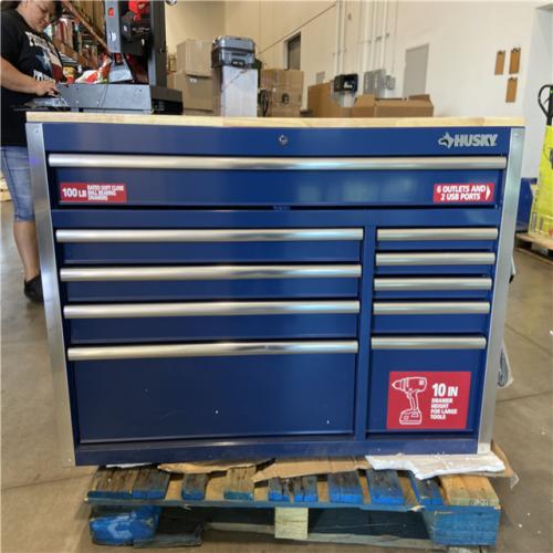 DALLLAS LOCATION - Husky 52 in. W x 25 in. D 10-Drawer Mobile Workbench Tool Chest with Solid Wood Work Top in Gloss Blue