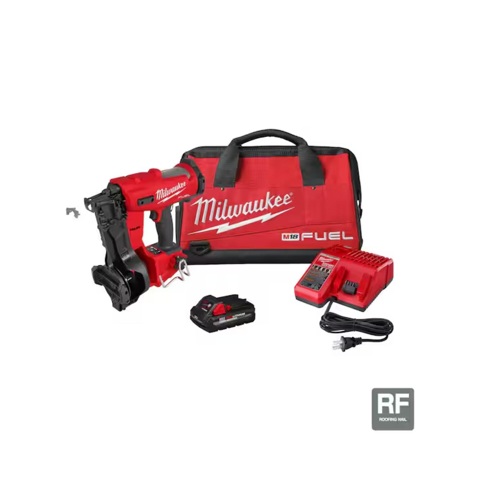 NEW! - Milwaukee M18 FUEL 18-Volt Lithium-Ion Brushless Cordless Coil Roofing Nailer Combo Kit with (1) 3.0 Ah Battery  Charger and Bag