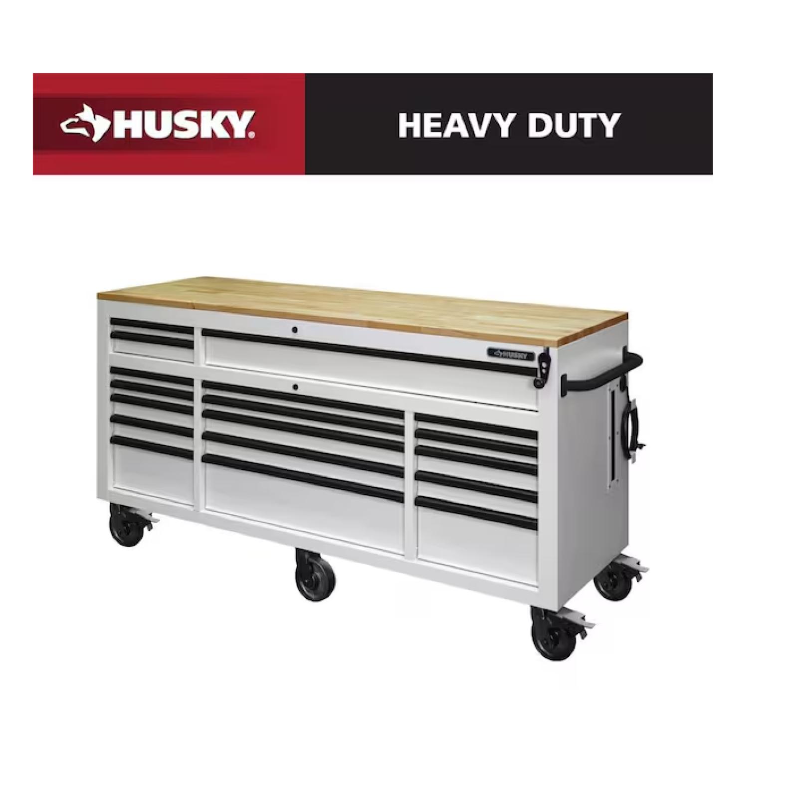 DALLAS LOCATION -AS-IS Husky Tool Storage 72 in. W x 24 in. D 18-Drawer Heavy Duty Adjustable Height Mobile Workbench Cabinet in Matte White