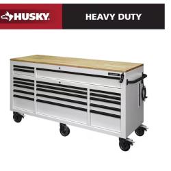 DALLAS LOCATION -AS-IS Husky Tool Storage 72 in. W x 24 in. D 18-Drawer Heavy Duty Adjustable Height Mobile Workbench Cabinet in Matte White