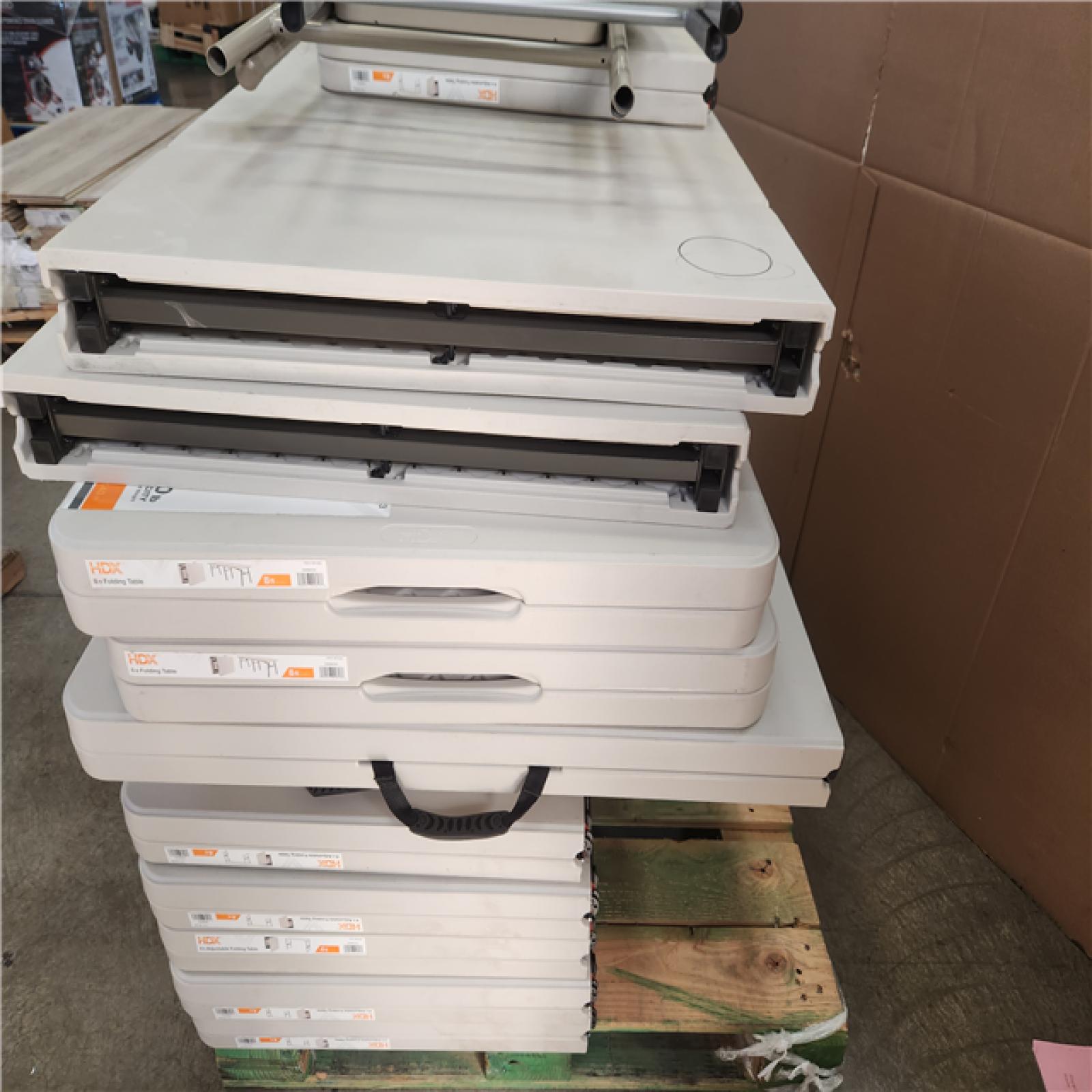 Phoenix AS-IS Mixed HDX Rectangle Almond Resin Top Single Hand Height Adjustable Folding Utility Table with Chairs Pallet (16-Tables)