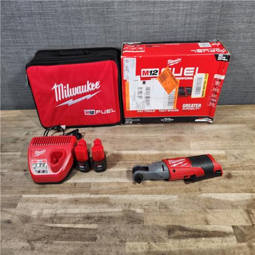 HOUSTON LOCATION - AS-IS Milwaukee M12 FUEL 12-Volt Lithium-Ion Brushless Cordless 3/8 in. Ratchet Kit with (2) 2.0Ah Batteries, Charger & Tool Bag