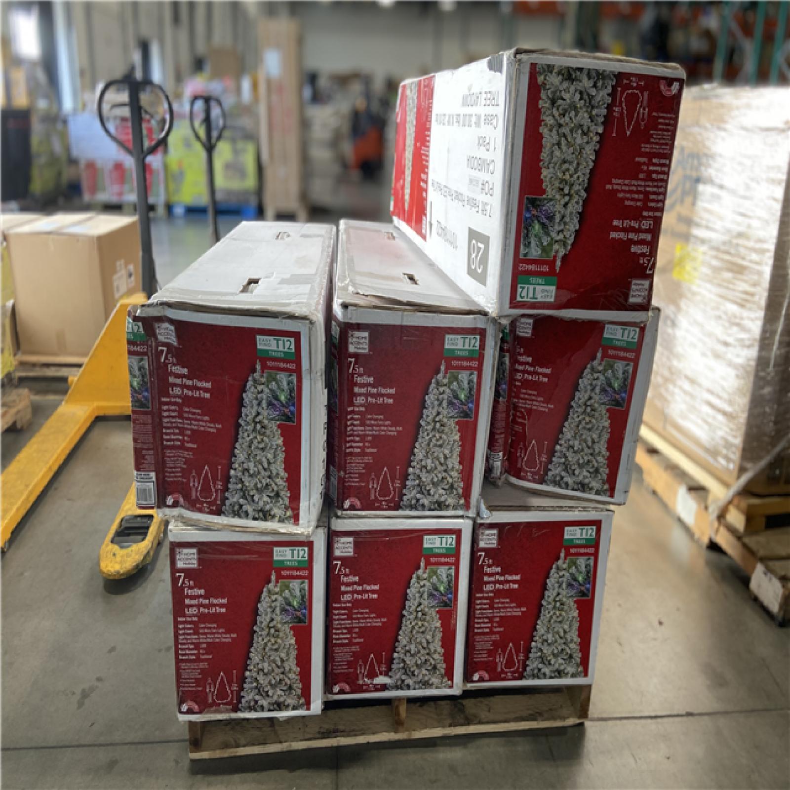 DALLAS LOCATION - Home Accents Holiday 7.5 ft. Festive Mixed Pine Flocked LED Pre-Lit Artificial Christmas Tree T12 - Retail $903