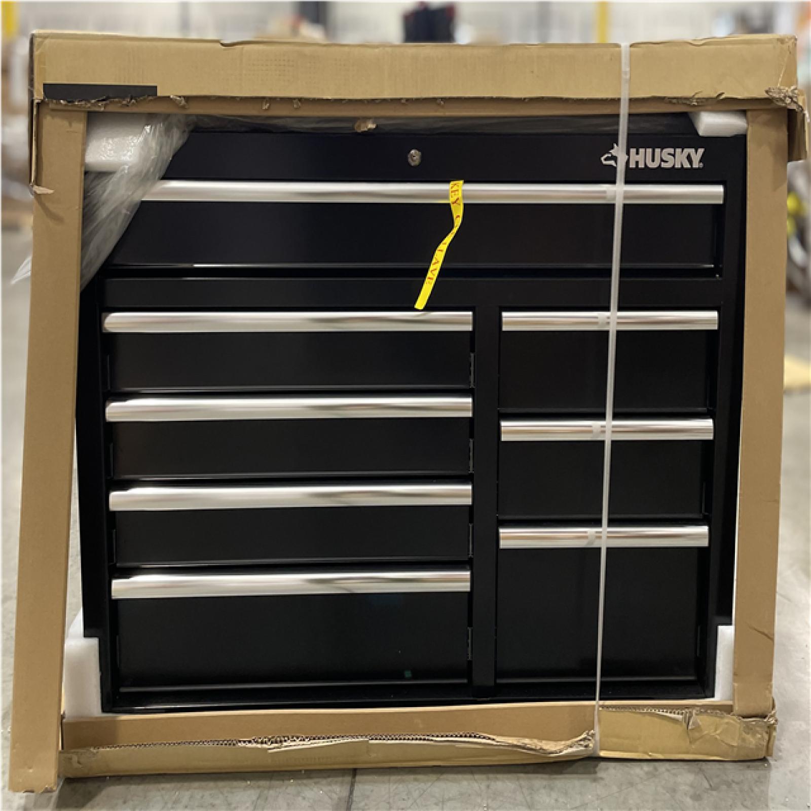 DALLAS LOCATION- HUSKY 42 in. W x 18 in. D 8-Drawer Black Mobile Workbench w/ WoodTop