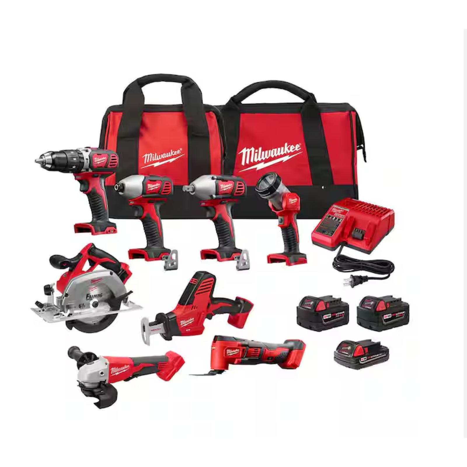 NEW Milwaukee M18 18V Lithium-Ion Cordless Combo Kit (8-Tool) with (3) Batteries, Charger and (2) Tool Bags