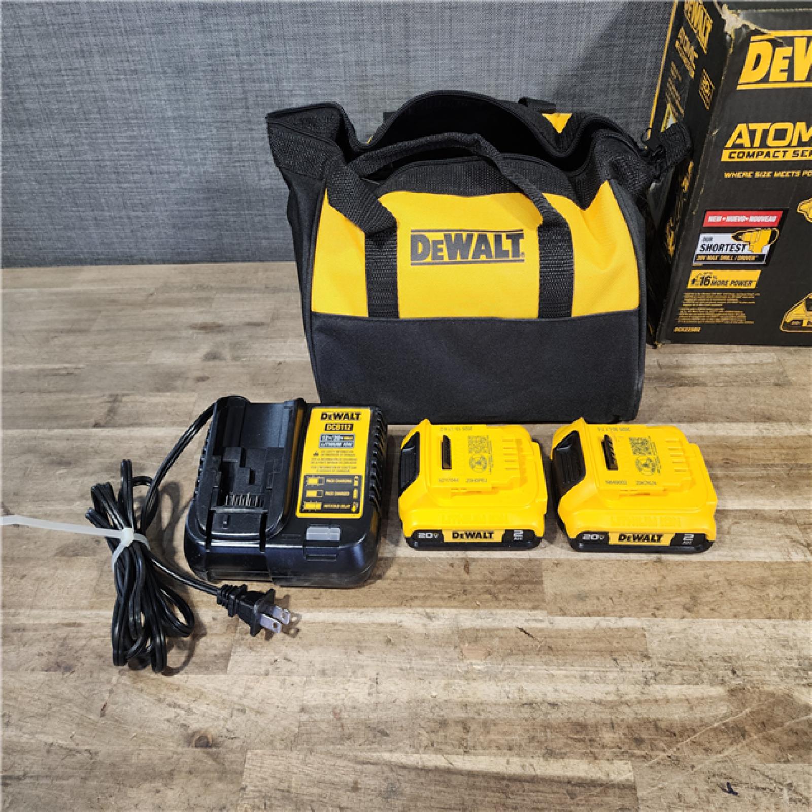 HOUSTON LOCATION - AS-IS Dewalt DCK225D2 20V MAX ATOMIC Brushless Compact Lithium-Ion 1/2 in. Cordless Drill Driver and 1/4 in. Impact Driver Combo Kit with 2 Batteries 2 Ah