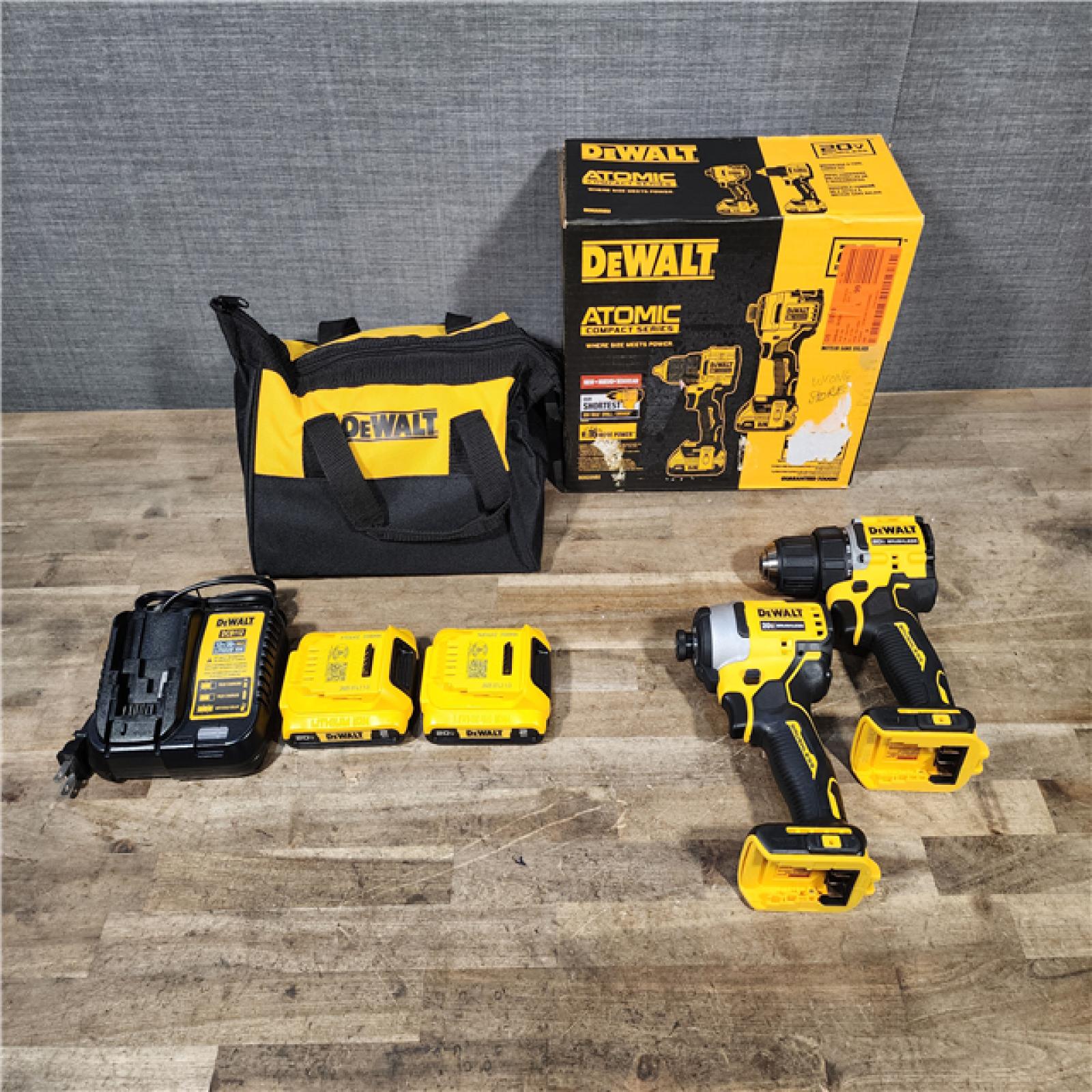 HOUSTON LOCATION - AS-IS Dewalt DCK225D2 20V MAX ATOMIC Brushless Compact Lithium-Ion 1/2 in. Cordless Drill Driver and 1/4 in. Impact Driver Combo Kit with 2 Batteries 2 Ah