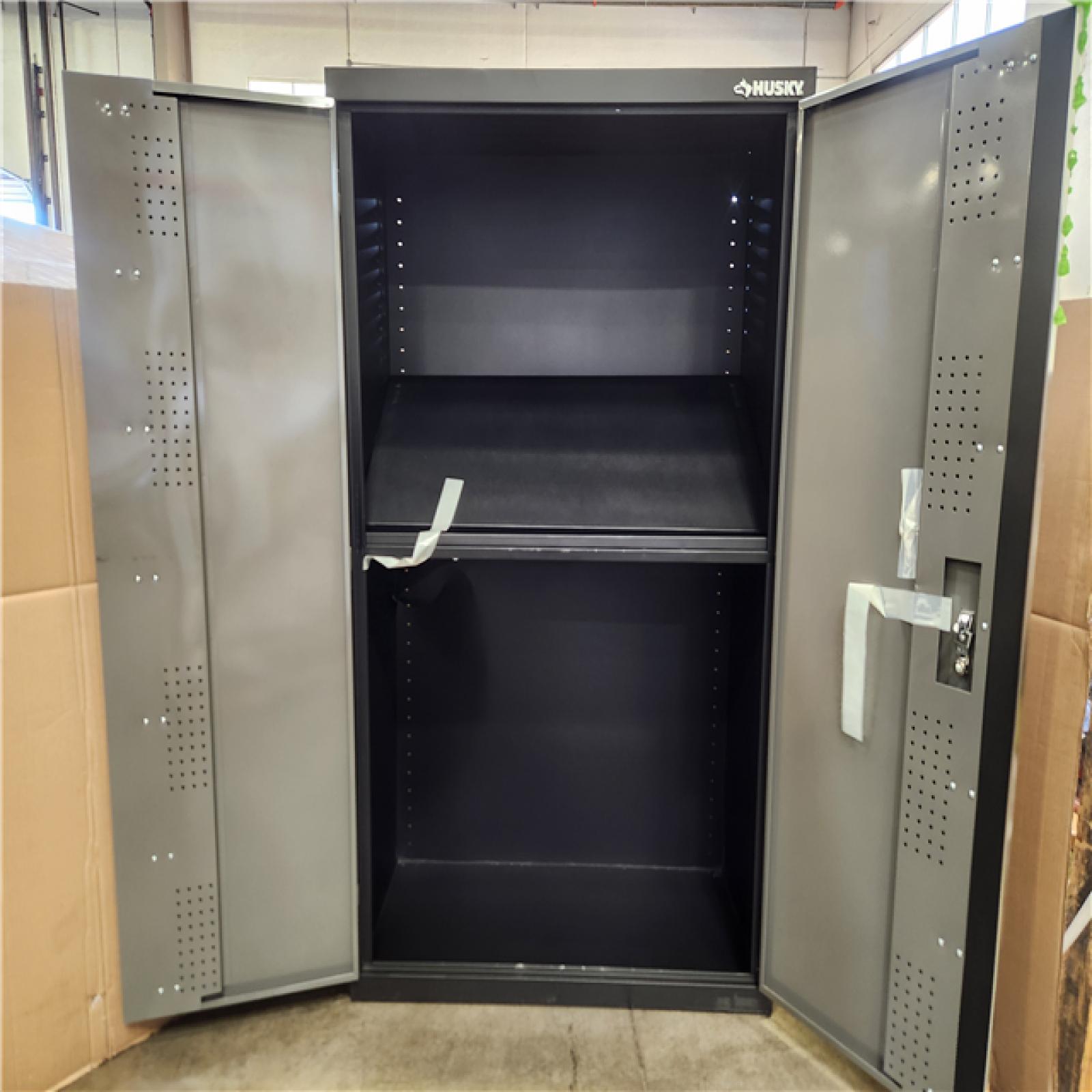Phoenix AS-IS Husky Regular Duty 46 in. W x 72 in. H x 24 in. D 4-Shelf 22-Gauge Steel Freestanding Garage Storage Cabinet in Black and Gray