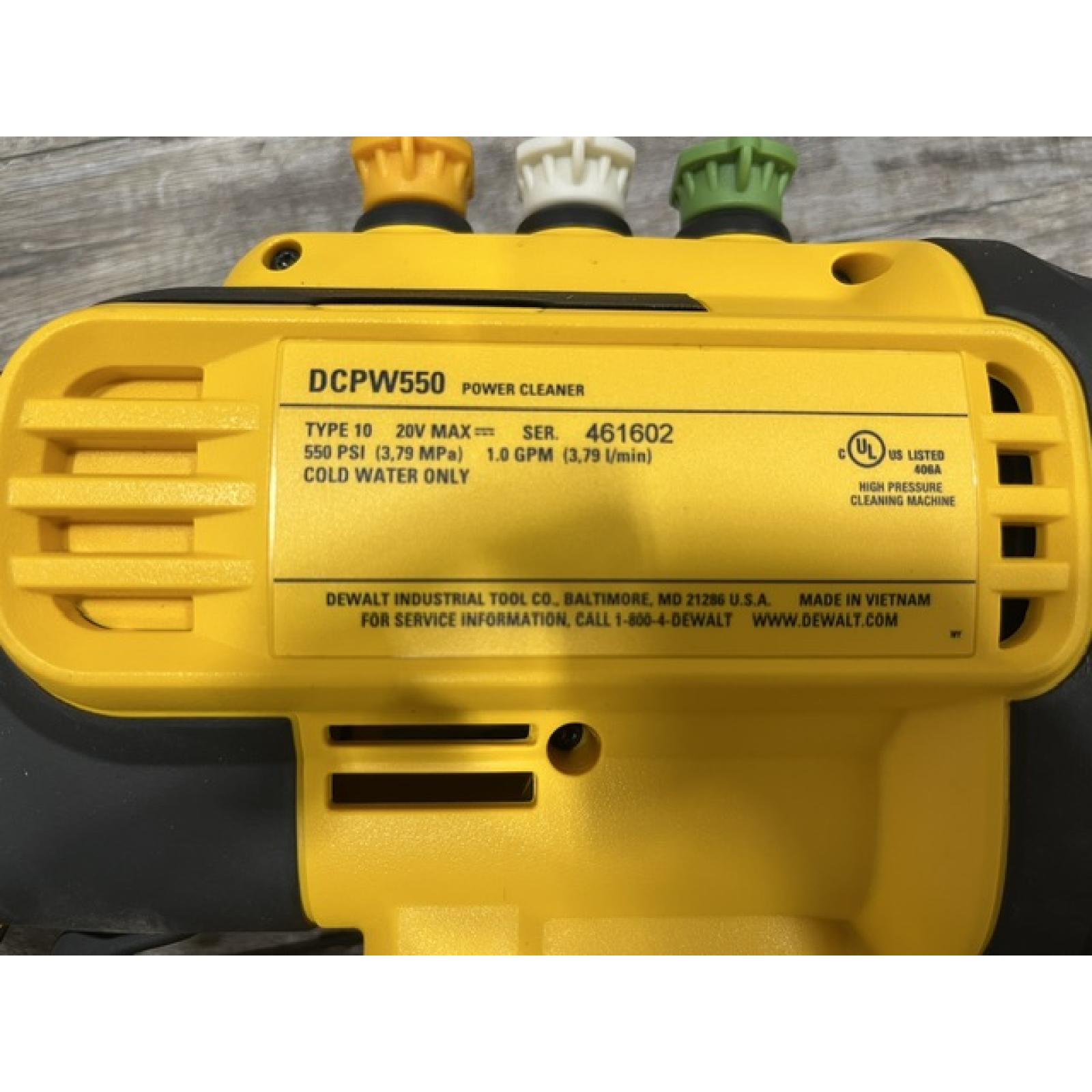 AS-IS DEWALT 20V MAX 550 PSI 1.0 GPM Cold Water Cordless Power Cleaner with 4-Nozzles (Tool Only)
