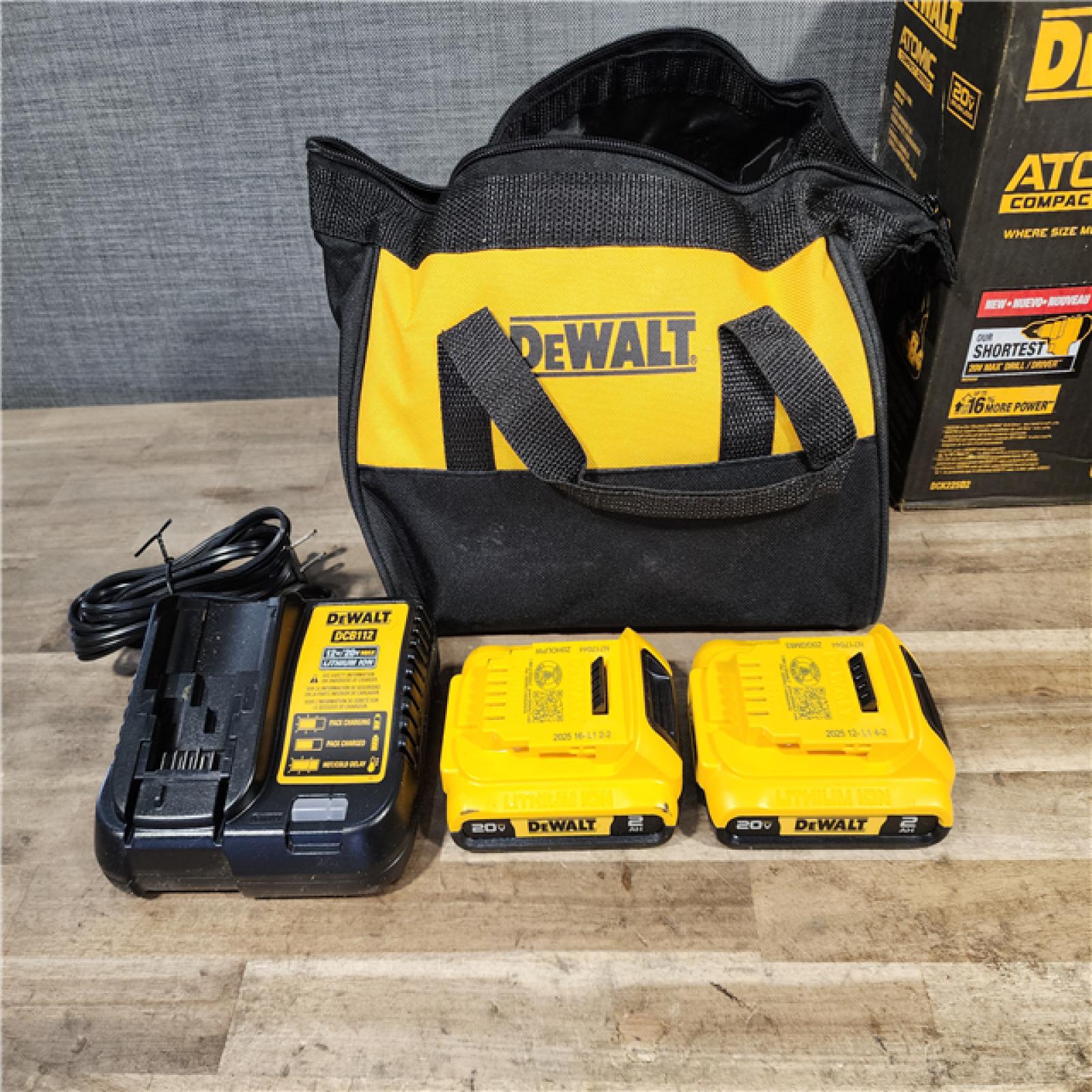 HOUSTON LOCATION - AS-IS Dewalt DCK225D2 20V MAX ATOMIC Brushless Compact Lithium-Ion 1/2 in. Cordless Drill Driver and 1/4 in. Impact Driver Combo Kit with 2 Batteries 2 Ah