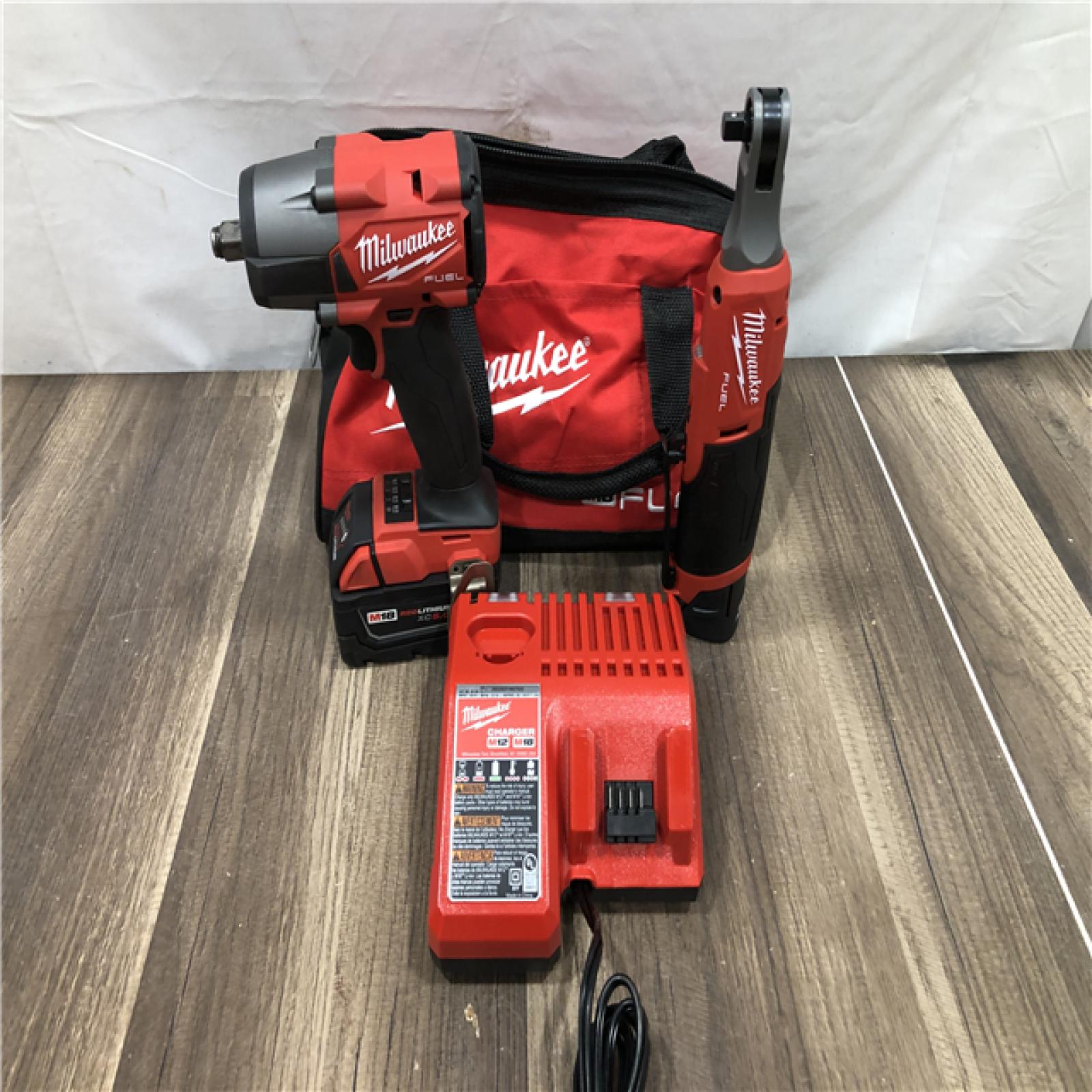 AS-IS Milwaukee FUEL 18V Cordless Mid Torque 1/2 in. Impact Wrench w/ M12 FUEL 3/8 in. Ratchet & Battery/Charger Combo Kit