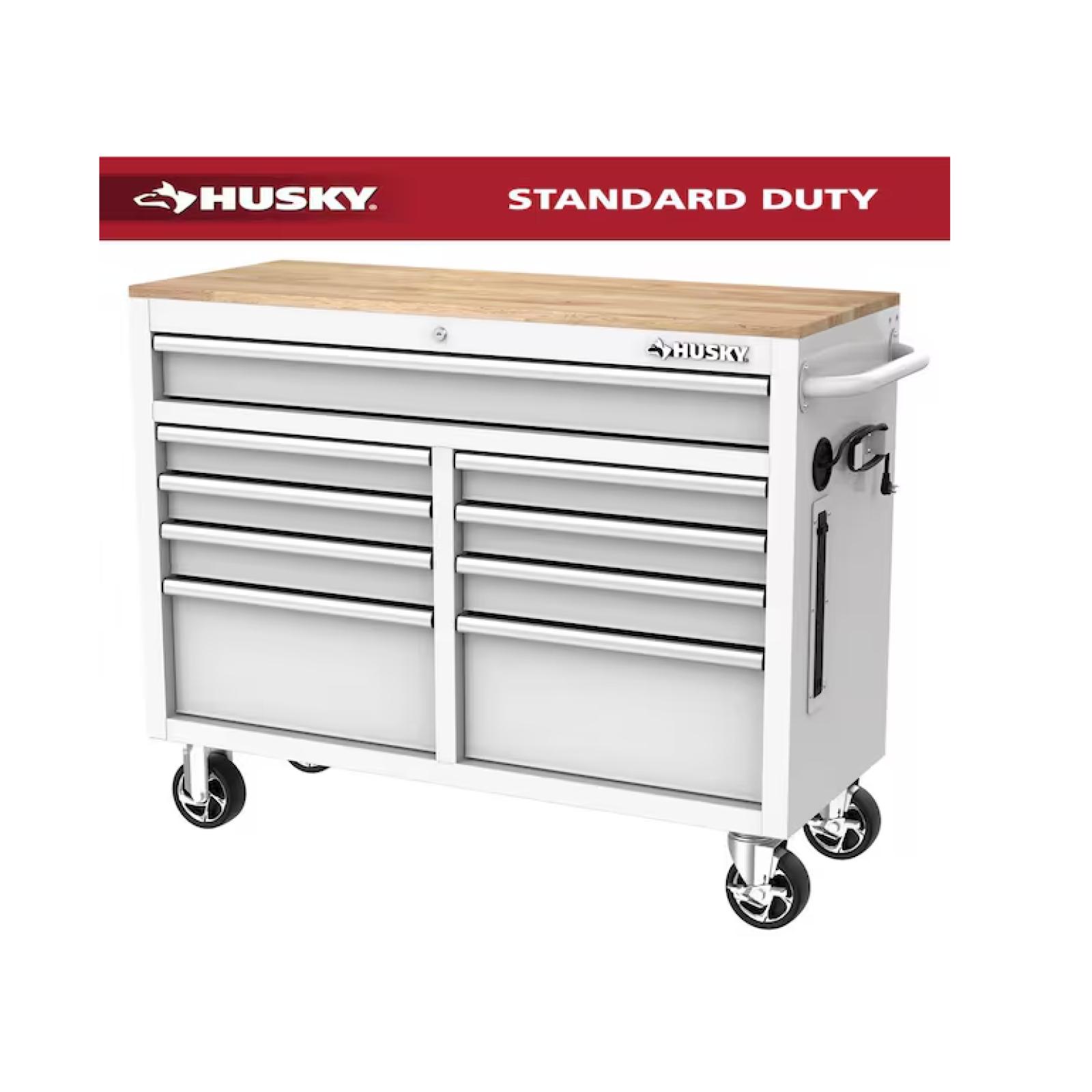 DALLAS LOCATION -  Husky Tool Storage 46 in. W x 18 in. D 9-Drawer Gloss White Mobile Workbench Cabinet