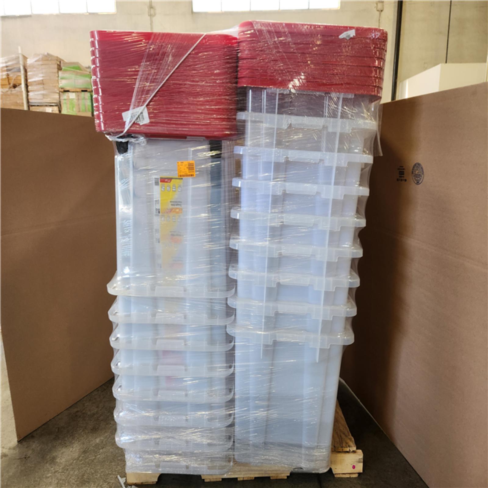 Phoenix AS-IS HDX 77 Gal. Tough Storage Tote with Wheels in Clear with Red Lid Pallet (16-Totes)