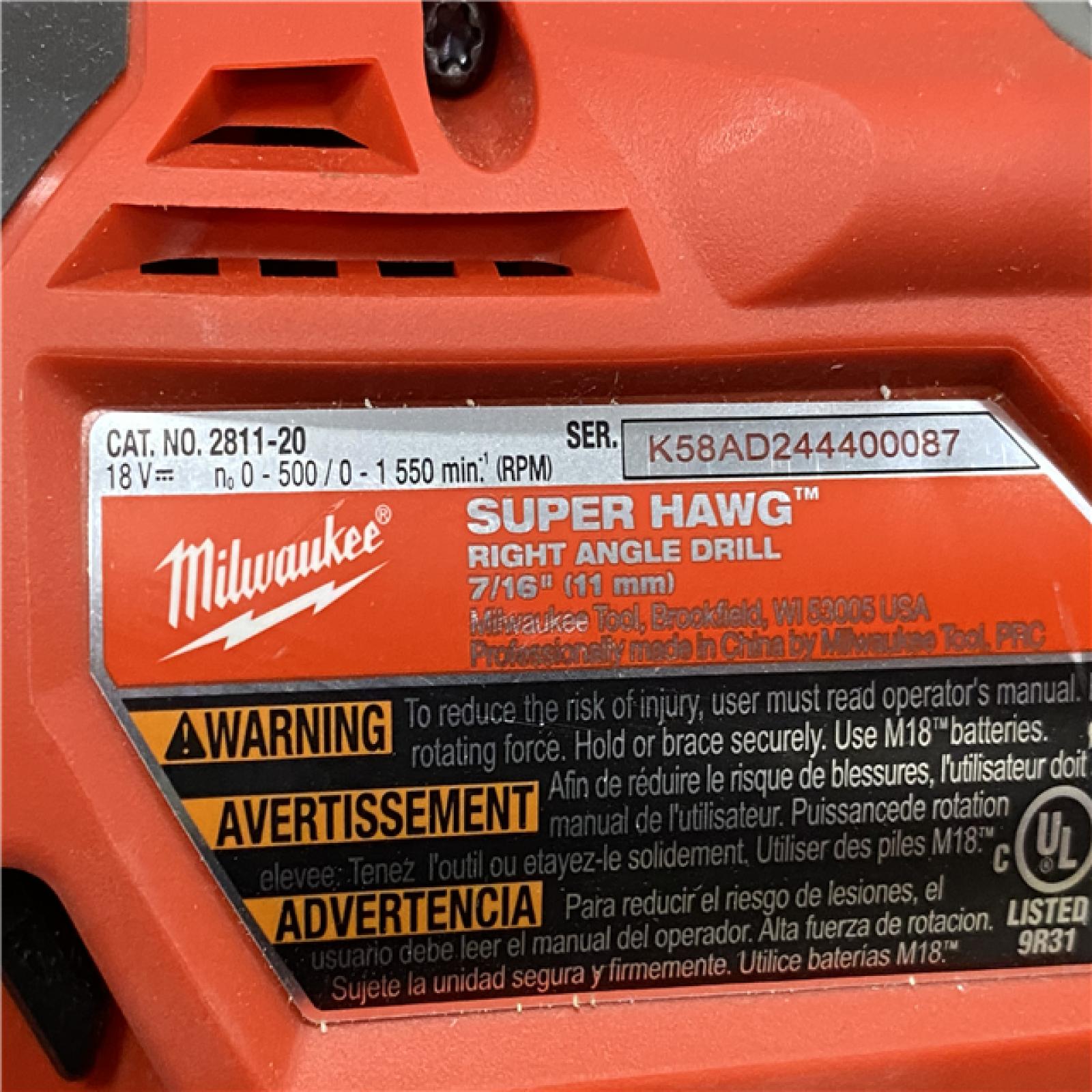 AS-IS Milwaukee FUEL 18V Lithium-Ion Brushless Cordless GEN 2 SUPER HAWG 7/16 in. Right Angle Drill (Tool-Only)