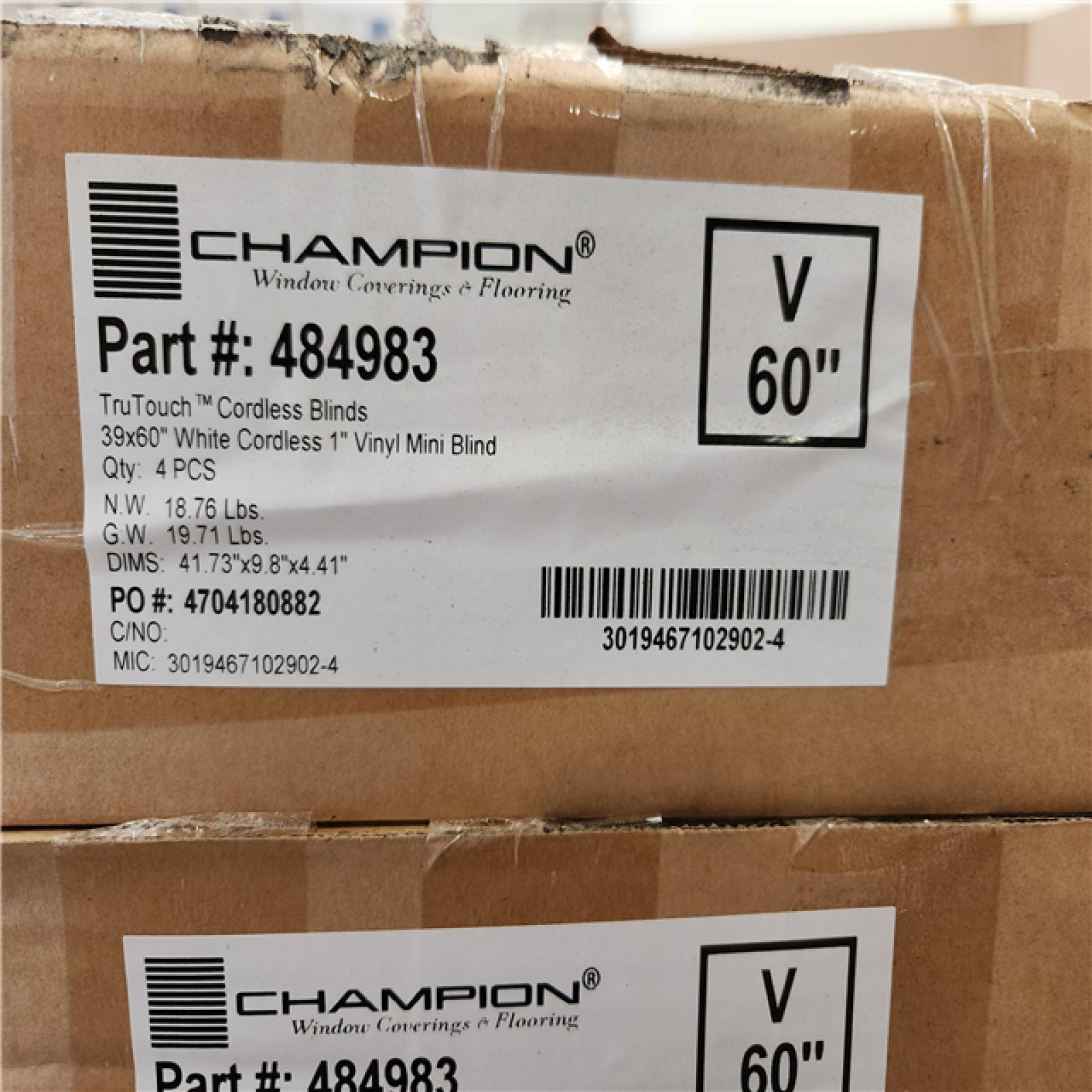 Phoenix Location NEW Champion TruTouch Cordless Blinds 39x60 White Cordless 1 Vinyl Blind 4Pcs Pallet (44 Boxes)