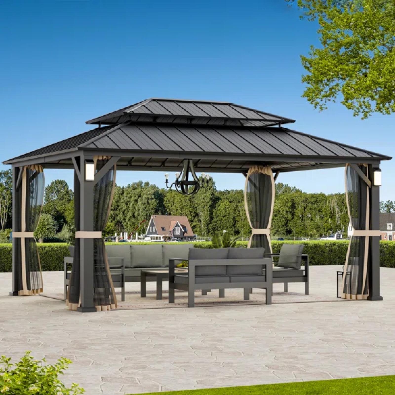 Phoenix NEW Horizon 12 ft. x 16 ft. Hard Top Gazebo With Solar Self Powered LED Lights  Mosquito Netting and Canopy Hook (SEALED)