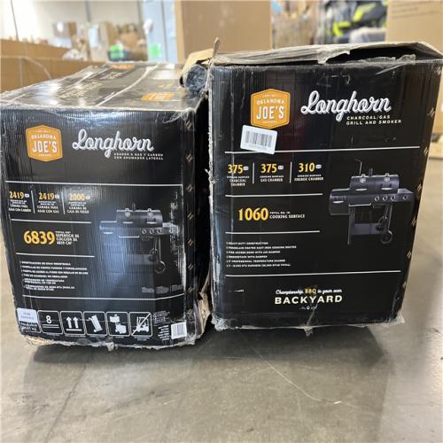 DALLAS LOCATION - OKLAHOMA JOE'S Longhorn Combo 3-Burner Charcoal and Gas Smoker Grill in Black with 1,060 sq. in. Cooking Space PALLET - (2 UNITS)