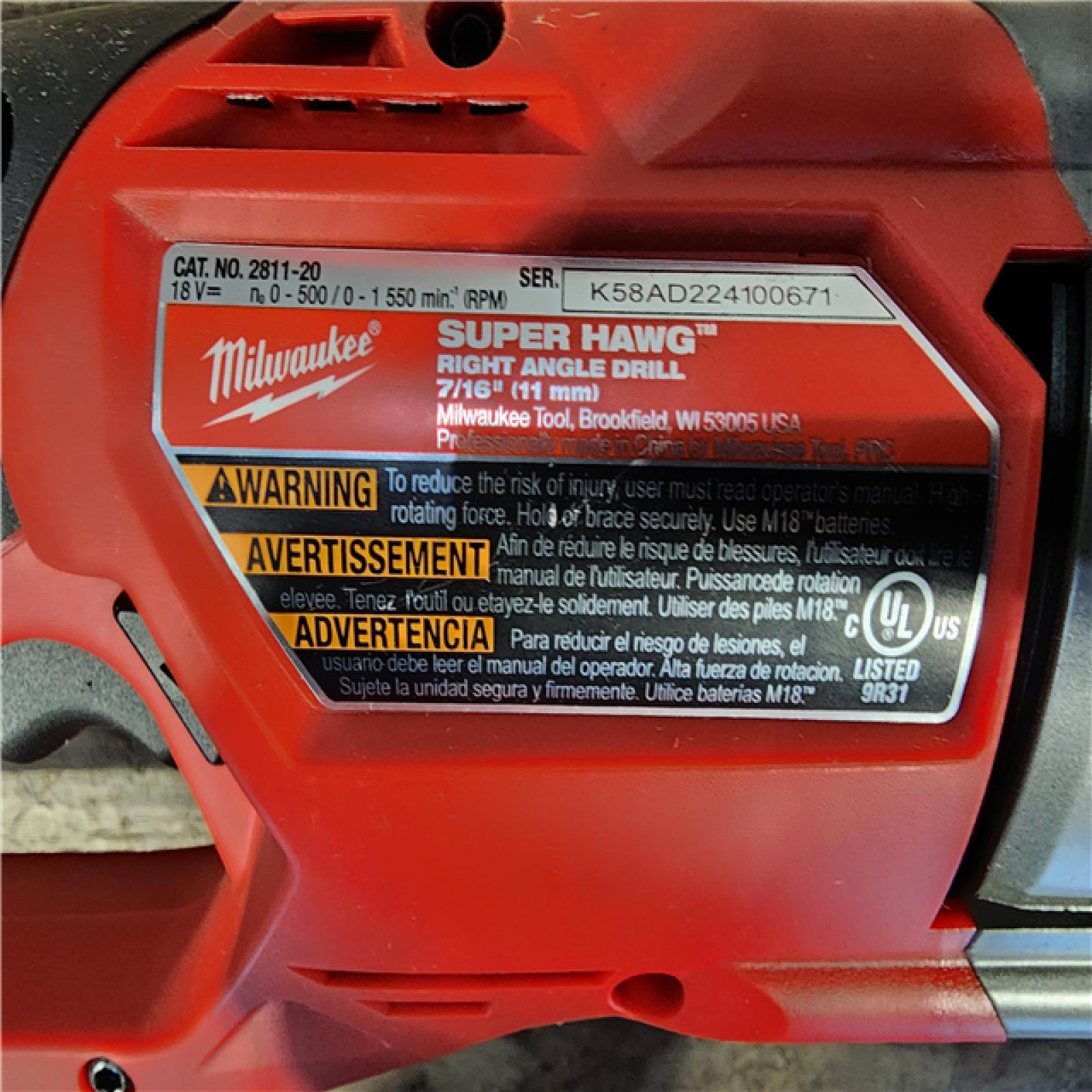 HOUSTON LOCATION - AS-IS Milwaukee M18 FUEL 18V Lithium-Ion Brushless Cordless GEN 2 SUPER HAWG 7/16 in. Right Angle Drill (Tool-Only)