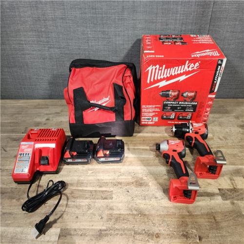 HOUSTON LOCATION - AS-IS Milwaukee M18 18V Lithium-Ion Brushless Cordless Compact Drill/Impact Combo Kit (2-Tool) W/(2) 2.0 Ah Batteries  Charger & Bag