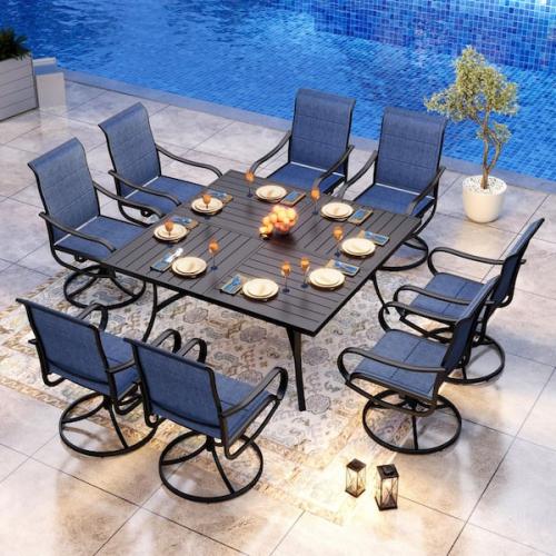 Phoenix AS-IS Black 9-Piece Metal Outdoor Patio Dining Set with Slat Extra-Large Square Table and Padded Blue Textilene Swivel Chairs