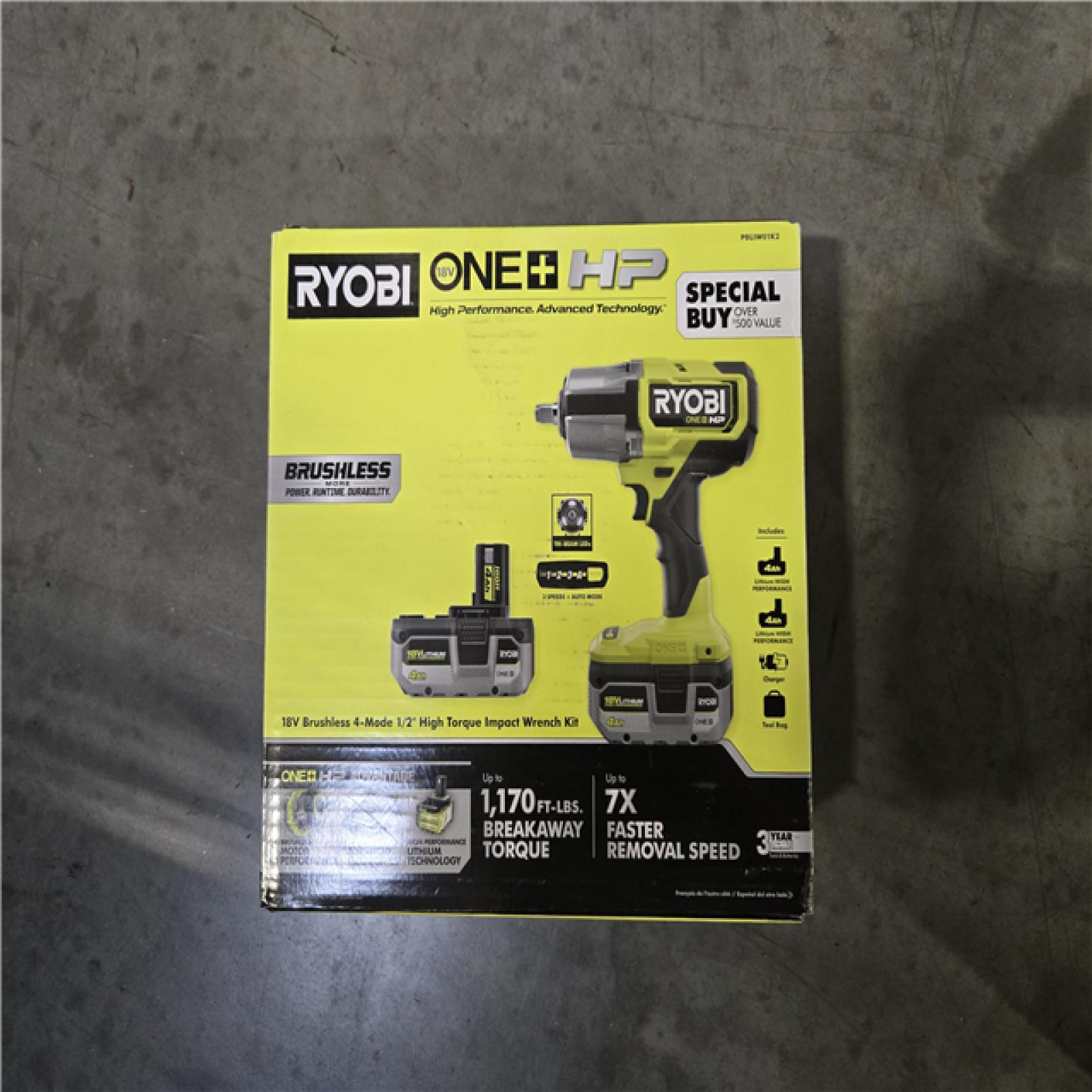 NEW!- RYOBI ONE+ HP 18V Cordless 4-Mode 1/2 in. High Torque Impact Wrench Kit